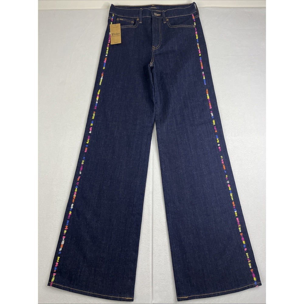 Polo Ralph Lauren Womens Wide Leg Rainbow Stitch Denim Jeans 28x34 Dark Wash NEW